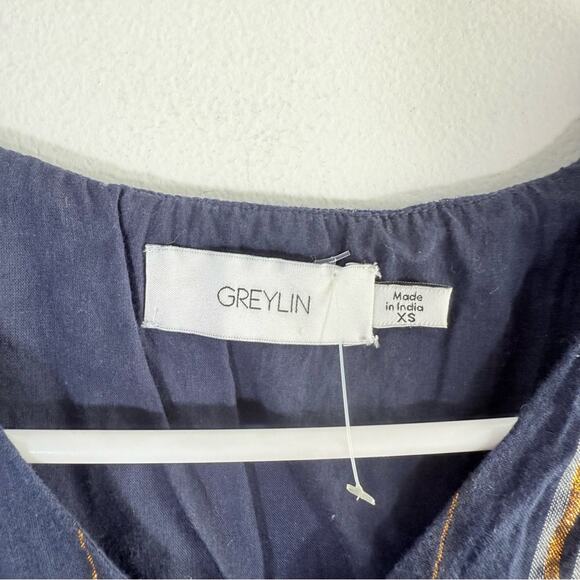 Greylin Nevaeh Navy Blue Gold Metallic Flutter Sleeve V Neck Top XS - Picture 8 of 11